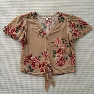 Beige Floral Tie-Front Blouse Size S